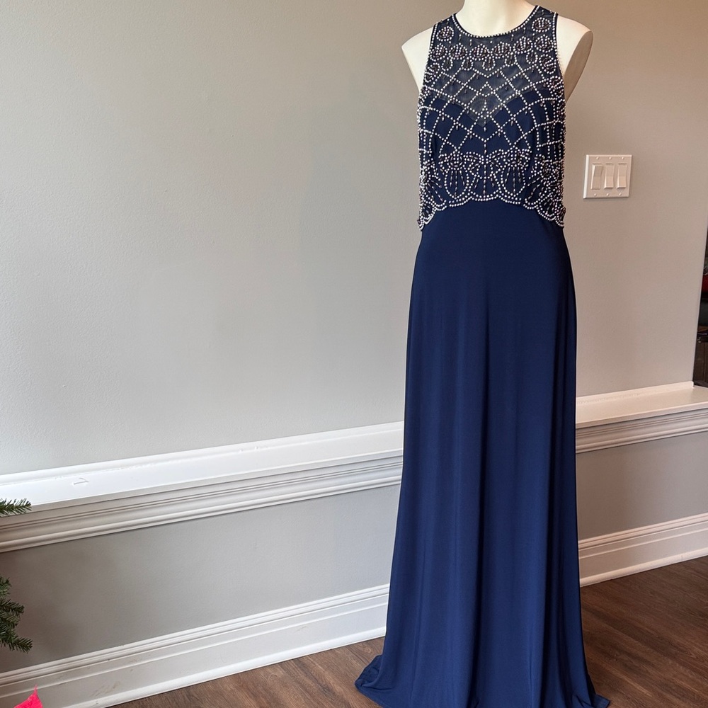 Cachet Maxi Navy Beaded formal Overlay Evening Gown size 10